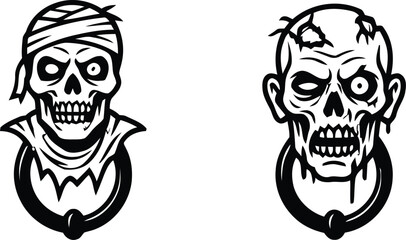 Fototapeta premium Two stylized undead heads a mummy and a zombie presented as black and white vector illustrations afterlife ancient