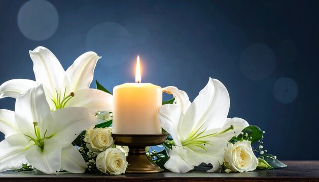 Funeral Condolence Candle and White Floral Arrangement on Moody Blue Background
