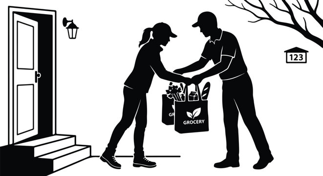Delivery courier handing fresh grocery bags to customer at house doorway vector illustration