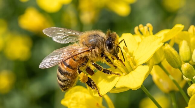 Honey bee collecting nectar on yellow flower, macro honeybee on rapeseed blossom, pollination in sunny spring field