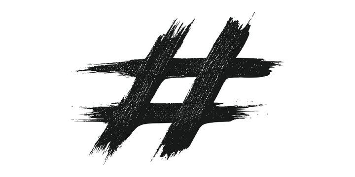 Black grunge brush stroke hashtag symbol vector illustration isolated on white background for social media design.
