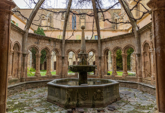 Series of photographs of Valmagne Abbey, a historic Cistercian monastery founded in the 12th century and located in the Occitanie region of France