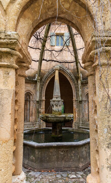 Series of photographs of Valmagne Abbey, a historic Cistercian monastery founded in the 12th century and located in the Occitanie region of France