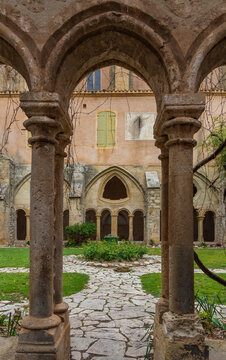 Series of photographs of Valmagne Abbey, a historic Cistercian monastery founded in the 12th century and located in the Occitanie region of France