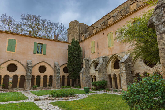 Series of photographs of Valmagne Abbey, a historic Cistercian monastery founded in the 12th century and located in the Occitanie region of France