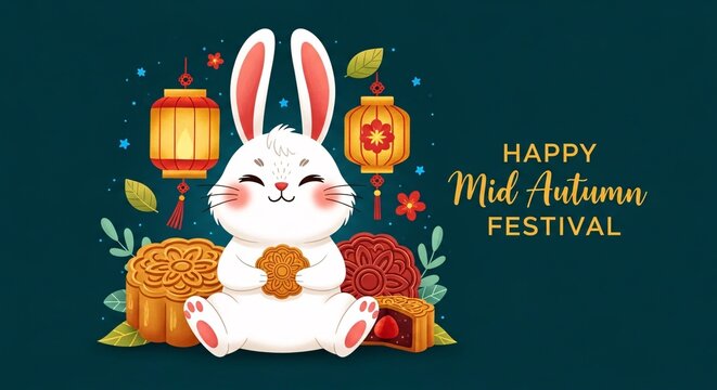 Happy mid autumn festival with white rabbit holding mooncake surrounded by lanterns and leaves on dark blue background