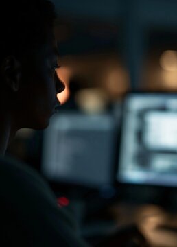 Person sitting in front of a computer monitor in a dimly lit room. the person is facing away from the camera, with their head tilted slightly to the side.