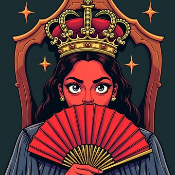 Queen in crown holding hand fan sitting on throne