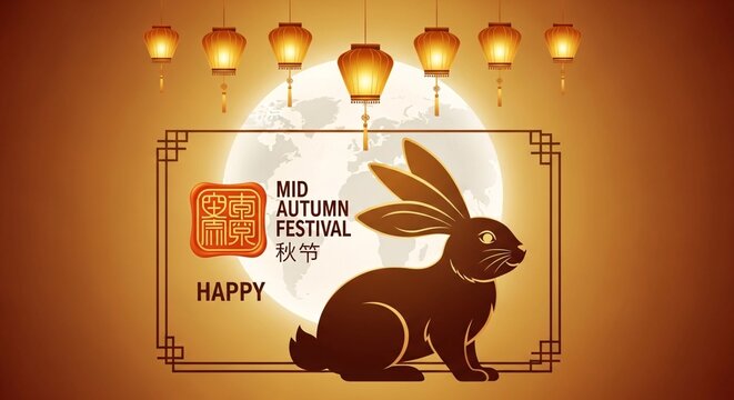Mid autumn festival greeting card with rabbit and lanterns on orange background