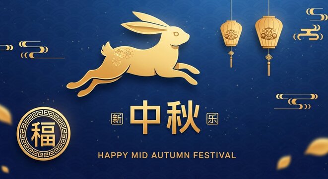 Happy mid autumn festival greeting card with golden rabbit and lanterns on blue background