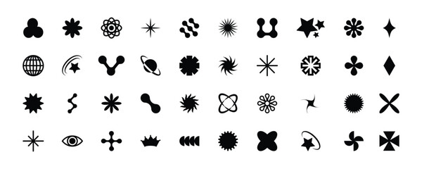 Obraz premium Abstract Y2k graphic design elements most commonly used in brand logo, graphic design and posters. Black color Y2k icon isolated on white background. Vector illustration.