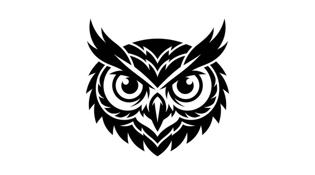 Stylized minimalist owl head graphic vector illustration facing forward with sharp geometric feathers with intricate stylized feather contrast black white