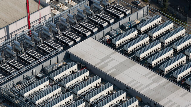 Aerial view of Rooftop HVAC Cooling Systems on Large Data Center