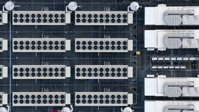 Aerial view of Rooftop HVAC Cooling Systems on Large Data Center