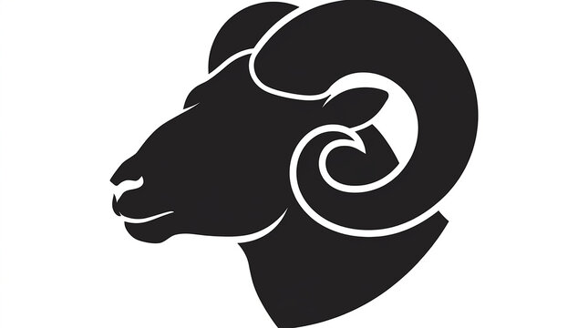Minimalist black silhouette profile of a majestic ram head with large curled horns graphic design with showcasing large curved horns against clean white background