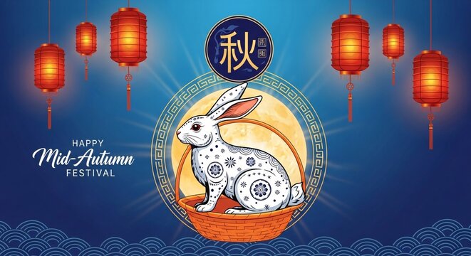 Happy midautumn festival greeting card with white rabbit in basket on moon background with red lanterns and chinese characters