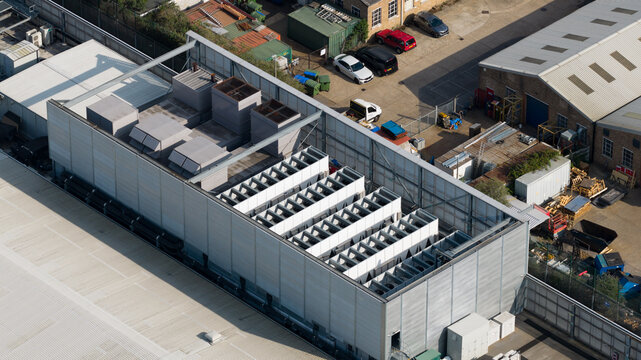 Aerial view of Rooftop HVAC Cooling Systems on Large Data Center
