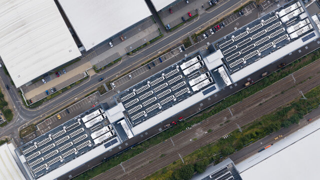 Aerial view of Rooftop HVAC Cooling Systems on Large Data Center