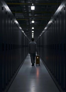 Man walking down a long corridor in a data center. he is wearing a suit and carrying a briefcase in his hand.