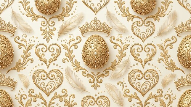 Elegant three dimensional gold easter egg repeating pattern featuring royal tiaras ornate hearts soft feathers and metallic glitter texture easter egg golden gold pattern seamless luxury crown heart