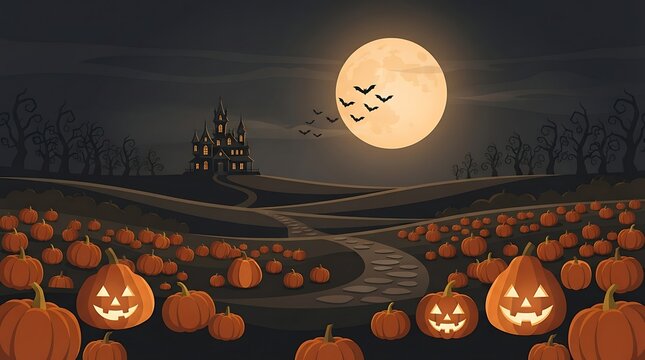 Amber Moon Over a Curved Gourd Harvest Landscape