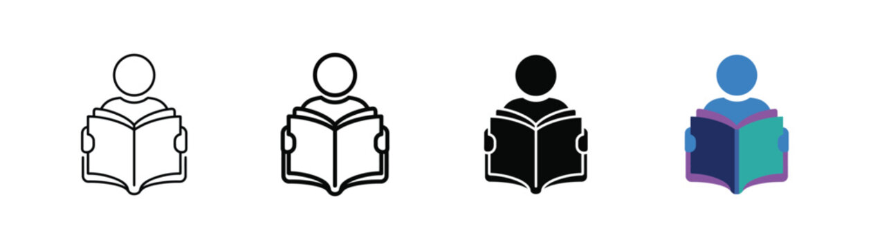 Person reading book icon set representing education, learning, knowledge, study, literature, reading, and personal development