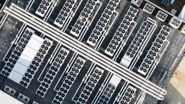 Aerial view of Rooftop HVAC Cooling Systems on Large Data Center
