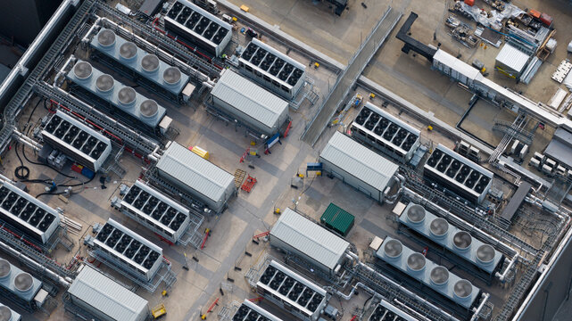 Aerial view of Rooftop HVAC Cooling Systems on Large Data Center