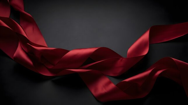 Elegant abstract depiction of flowing red satin ribbons intertwining in a dramatic dark background composition
