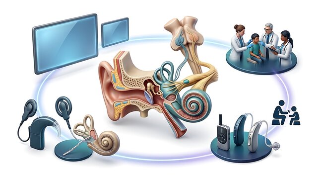 3D isometric medical composition featuring a cross section of the human ear surrounded by audiology equipment, hearing aids, cochlear implants, and professional clinical medical staff.