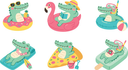 Naklejka premium Cute Kawaii Crocodile Character Icon Set Featuring Smiling Alligators Relaxing on Pool Floats with Summer Beach Vacation Graphic Elements