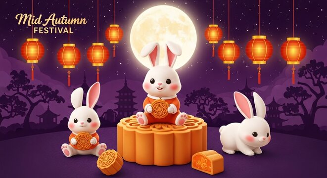 Three white rabbits in orange shirts sitting with mooncakes under a full moon with red lanterns in the background celebrating mid autumn festival