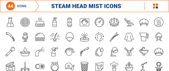 Fototapeta premium Steam Head Mist line icon set. Vector pictograms of spa equipment, hair care, salon wellness, and scalp treatment elements, thin linear illustration.