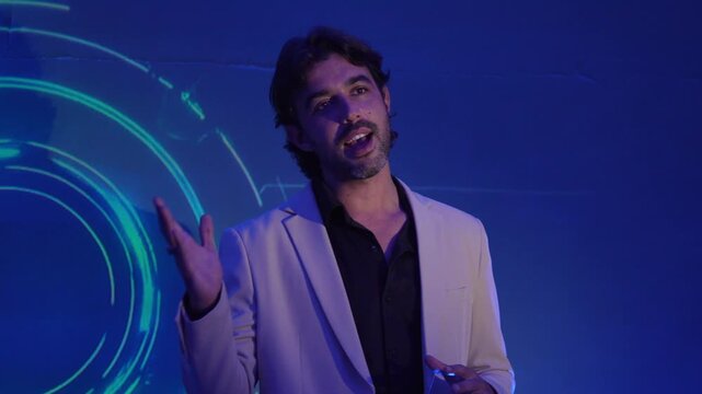 Business presenting digital technology concepts with data background, business innovation, digital transformation, data analytics, artificial intelligence, communication, technology driven.