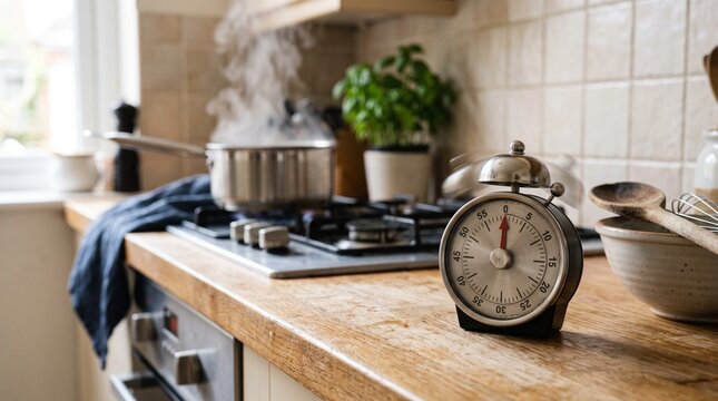 Kitchen timer ringing with pot steaming on stove and plant nearby  
