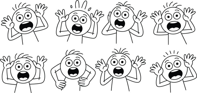 Scaredman Collection, Terrified Humanoid Glyph Set, Paralyzed Fright Concepts, Panic and Fear Illustration, Spooked Design. Charcoal and Ice White Vector. Corporate Comms