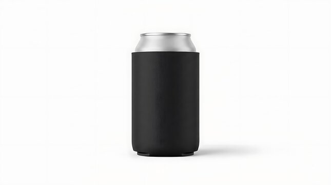 Koozie mockup featuring a sleek black drink cooler sleeve on a metal soda can isolated against a plain white background for professional brand design