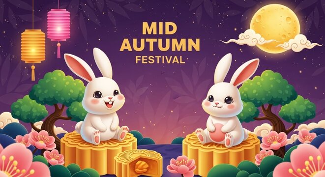 Mid autumn festival celebration with white rabbits on mooncakes and lanterns