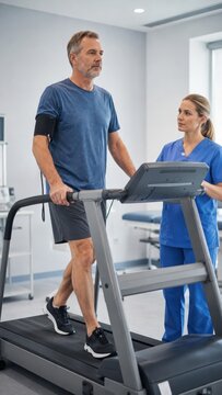 Middle-aged man exercising on treadmill in fitness center while female trainer monitors his progress and provides guidance in a bright, modern gym environment