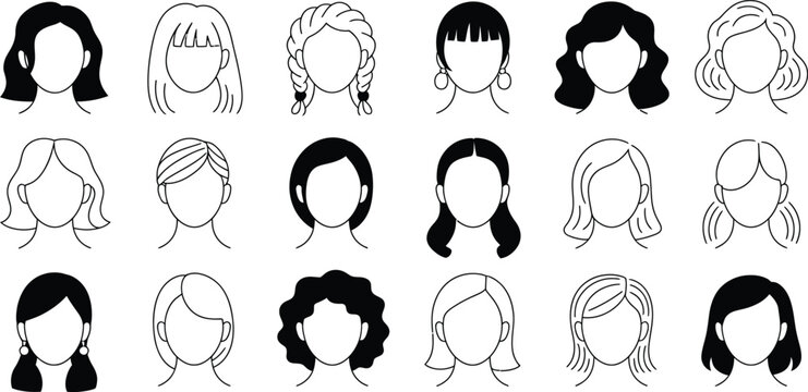 Hairstyle collection, diverse haircuts, vector icons, black and white line art, girl hair, hair design, salon style, coif, set for design and social media