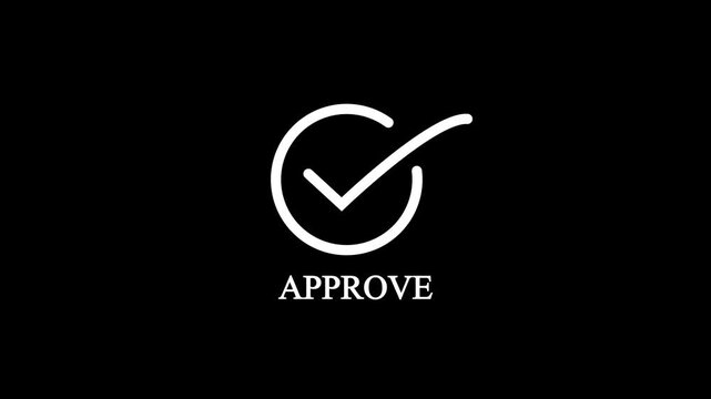 Minimalist white check mark circle icon animation with APPROVE text on black background for task complete, agreement, success, and verification concept vector illustration