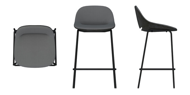 Stool chair 2d for floor plan and cross-section view, Orthogonal, top, front and side view furniture transparent background render
