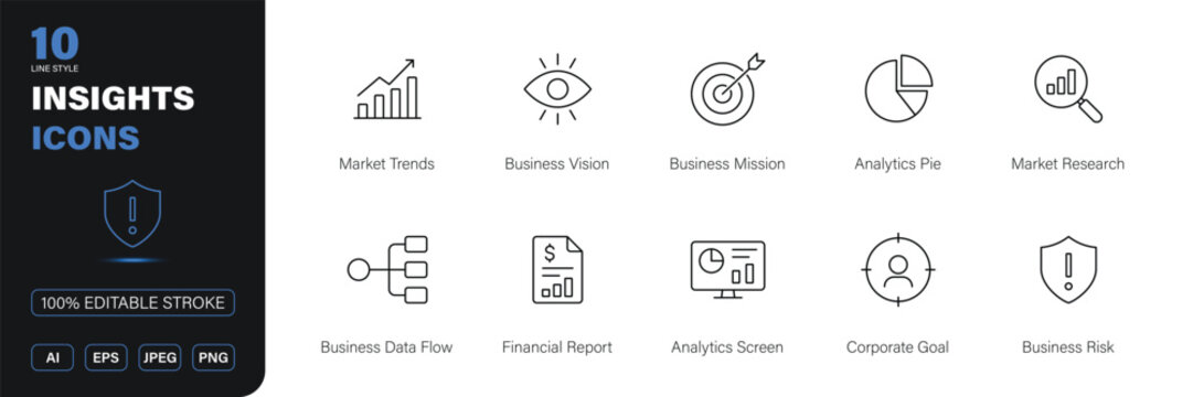insights icon line style business analytics market research strategy editable stroke vector set