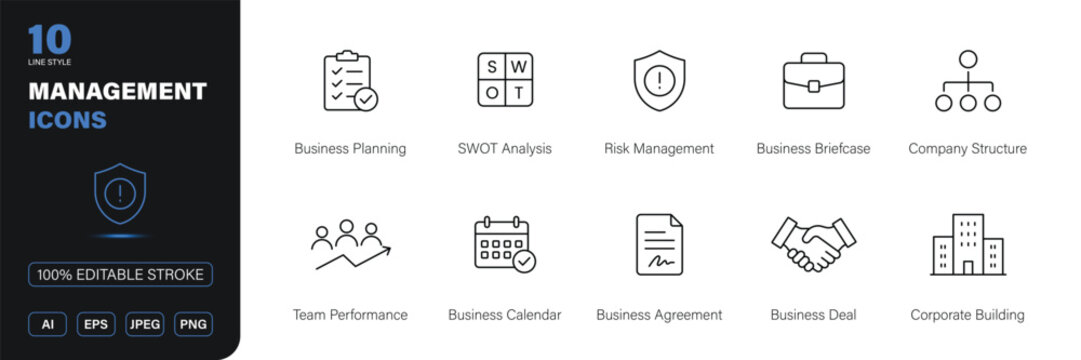 management icon line style business planning strategy corporate editable stroke vector set