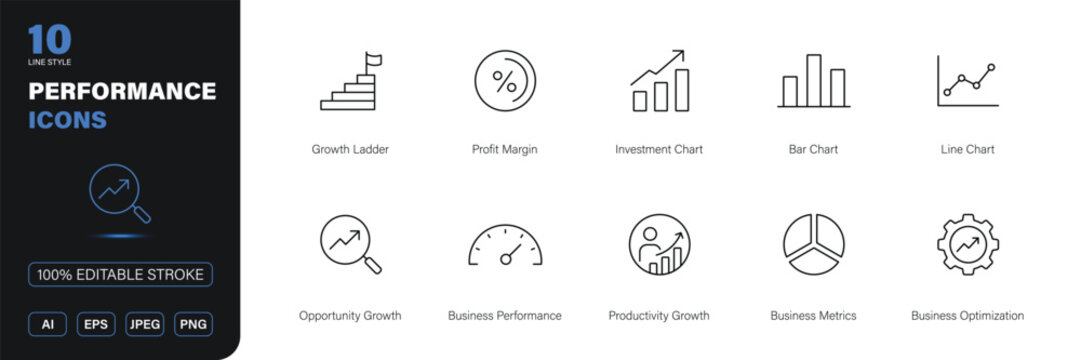 performance icon line style business productivity metrics editable stroke vector set
