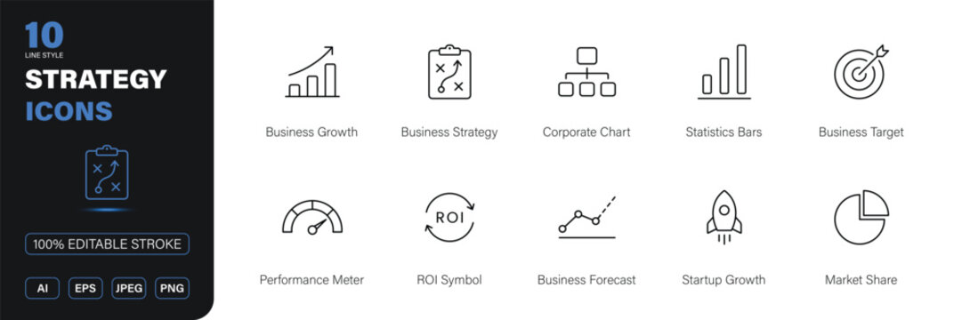 strategy icon line style business analytics growth planning target editable stroke vector set