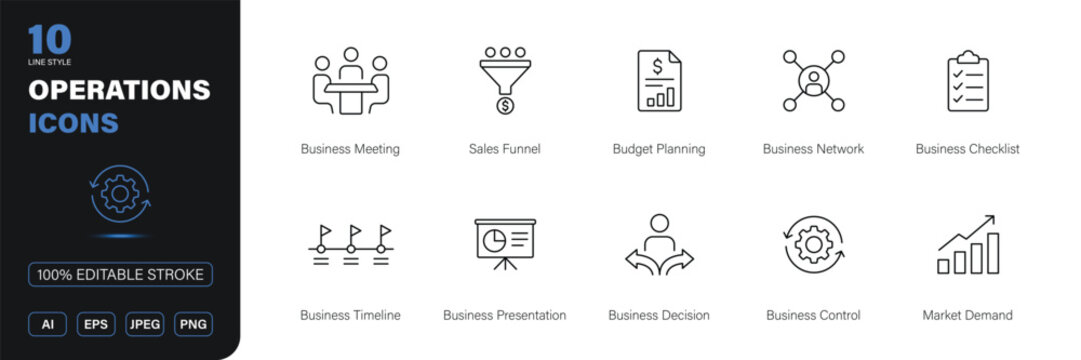 operations icon line style business management workflow editable stroke vector set
