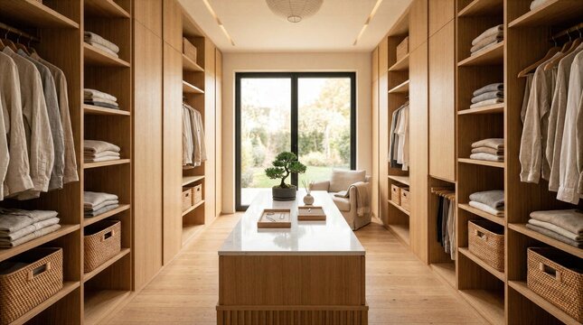 wide-angle interior photograph of a grand Japandi-style walk-in closet. The structure is built from floor-to-ceiling light oak wood. neutral colors home improvement aesthetic space