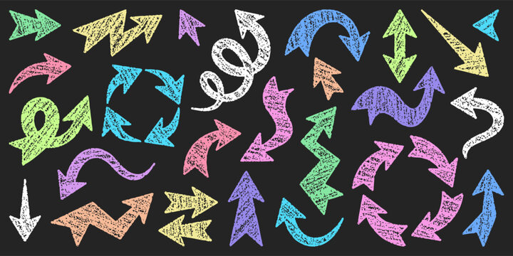 Assorted textured chalk arrows set on blackboard for web design UI.