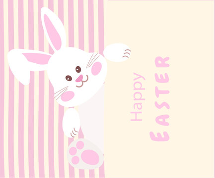 Cute Easter Bunny Greeting Card Template with Pink Stripes and Copy Space